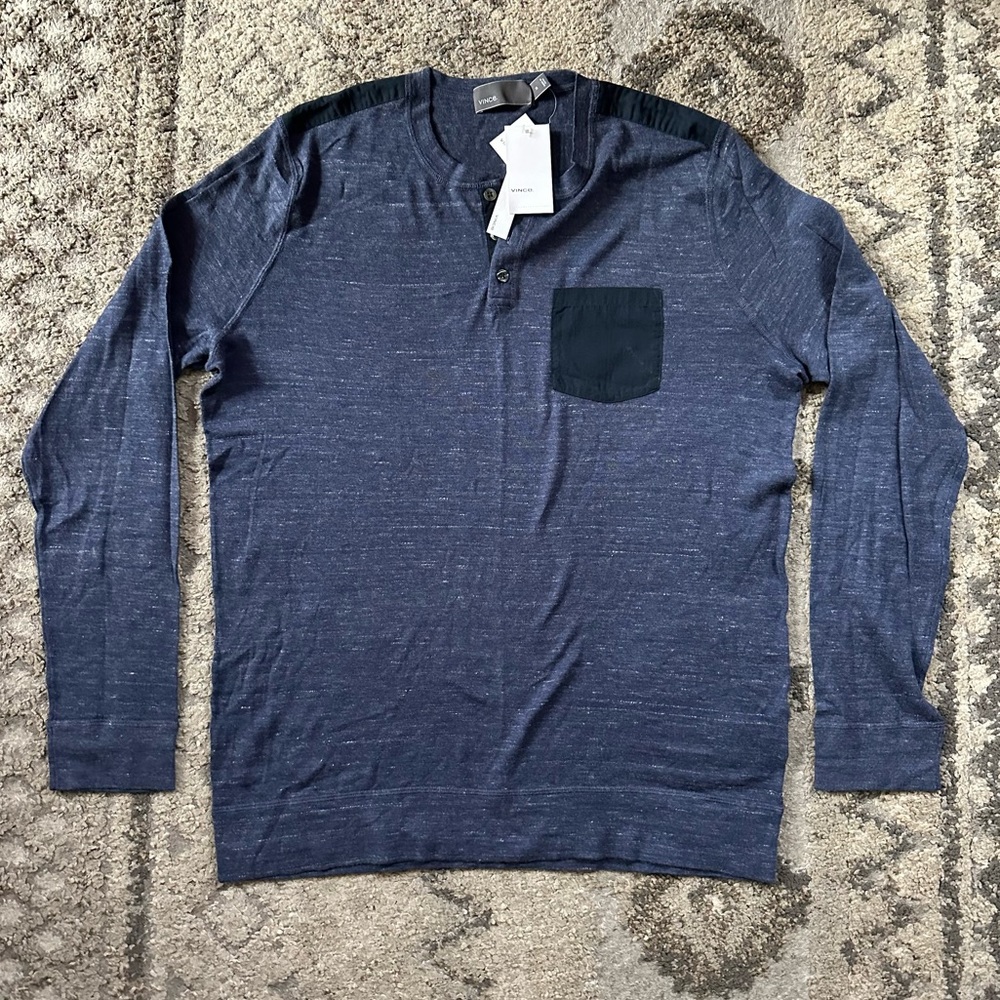Vince Blue Henley Long Sleeve Cotton Cashmere Blend Shirt Medium NWT